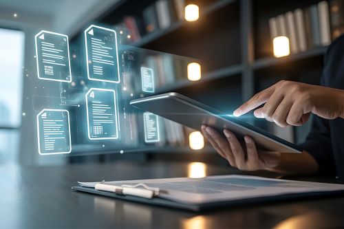 Foto: Mann mit Laptop und digitalen Dokumenten